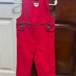 Vibrant Red Kids Overalls with Green Trim
